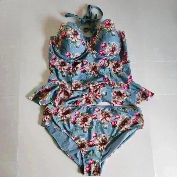 Vigoss Blue Floral Halter Corset Underwire Tankini 2X Summer Beach Vacation - Picture 1 of 13